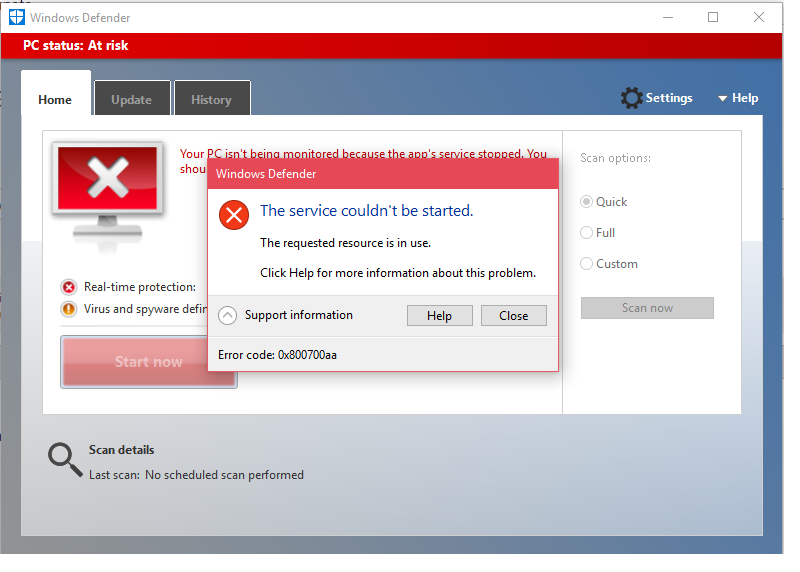 error code 0x800700aa
