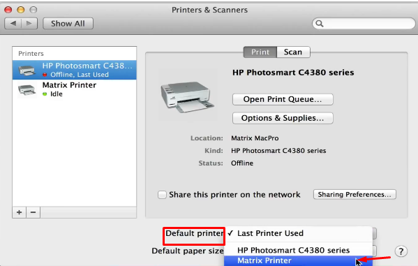 Setting default printer Mac OS X